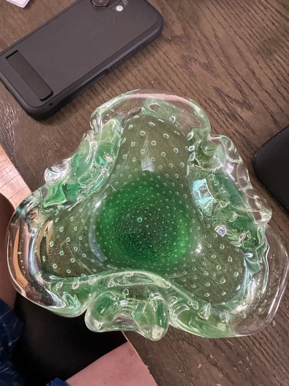 Vintage Murano Style Green Bullicante Art Glass Bowl Gold Adventurine 6 inches.